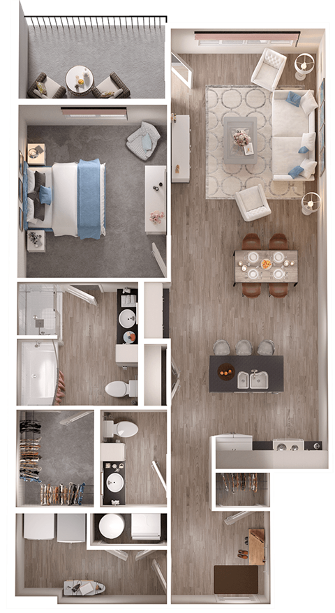 Floor plan for 1 bed, 1.5 baths, 996 sqft